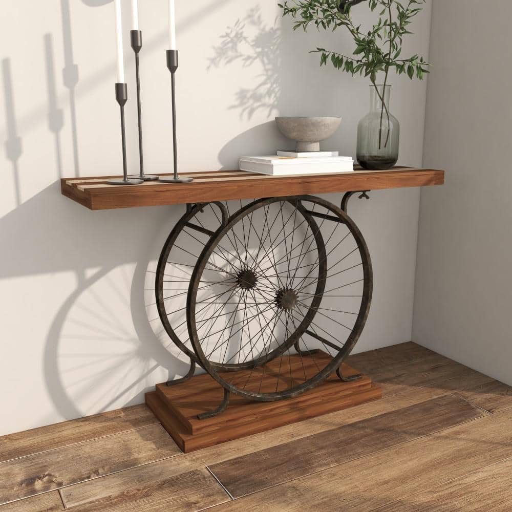 Industrial Brown Wood and Metal Wheel Console Table with Storage