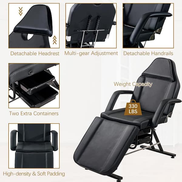 Black Adjustable Massage Leather Chair Esthetician Bed with Hydraulic  Stool, Multi-Purpose 3-Section Facial Bed Table