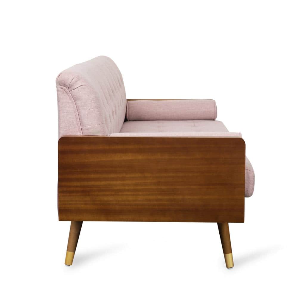 Light Blush Tufted Fabric Sofa with Walnut Wood Frame