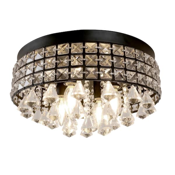 LamQee 15 in. 4-Light Black Flush Mount Chandelier with Round Beaded Crystal Shade