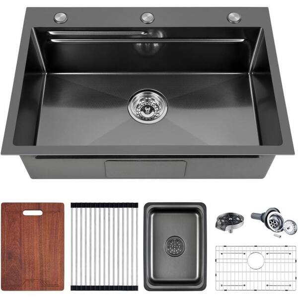 Whatseaso 26 in. Drop-In/Undermount Single Bowl 18 Gauge Gunmetal