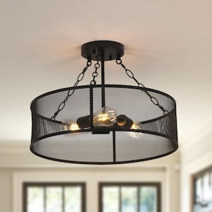 19.7 in. 3-Light Matte Black Drum Farmhouse Semi-Flush Mount with Metal Mesh Cage Shade