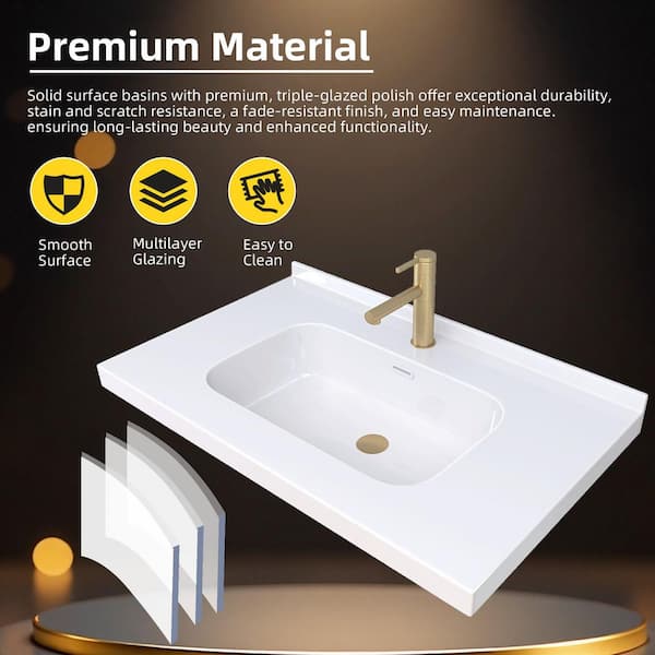 Zeafive 36 in. W x 22 in. D Solid Surface White Rectangular Single