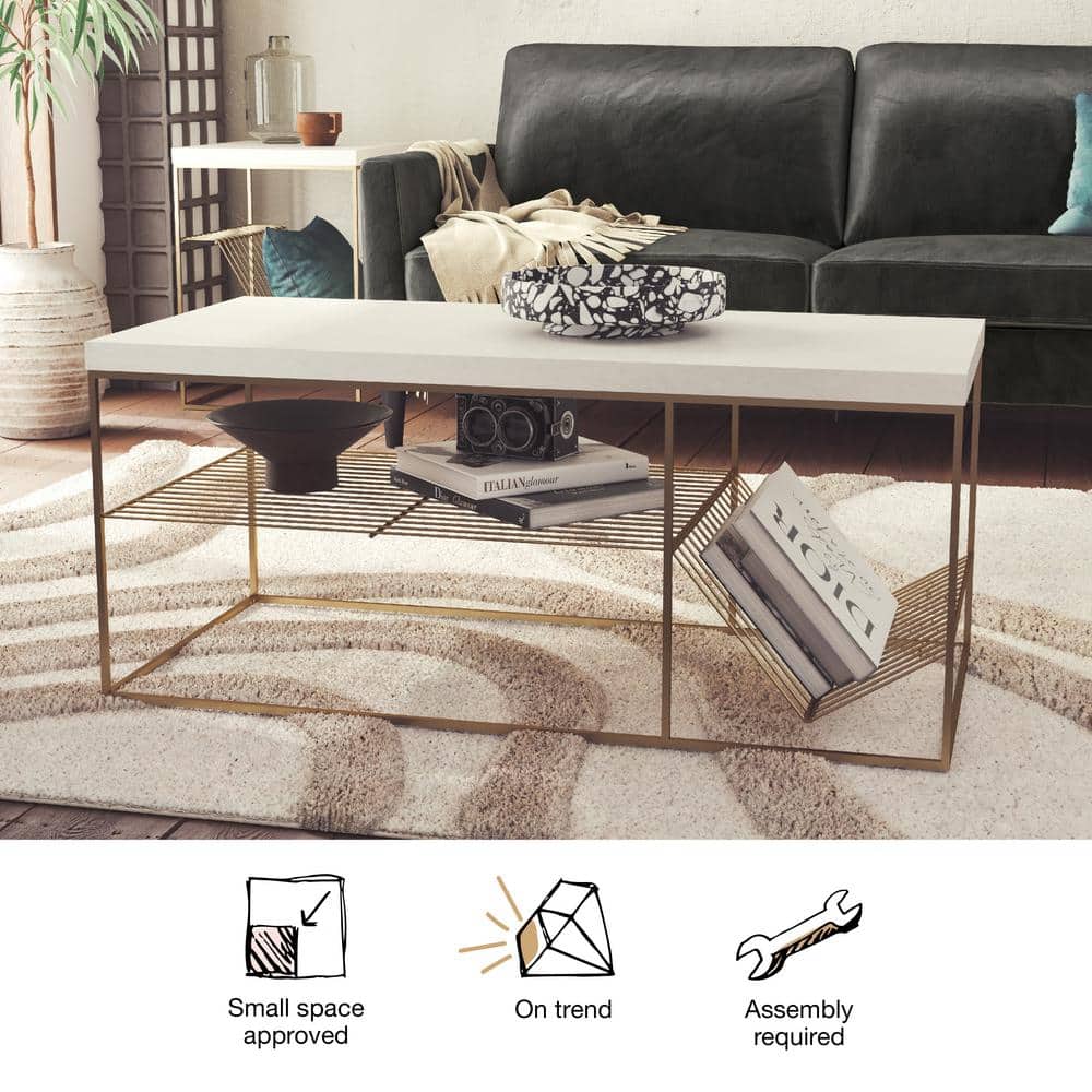 Neely Art Deco Creamy White and Antique Gold Coffee Table with Storage