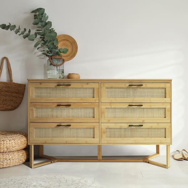 VEIKOUS Yellow Bamboo 6-Drawer Chest of Drawer Rattan Dresser with Unique Base (29.7 in. H x 47.4 in. W x 15.8 in. L)