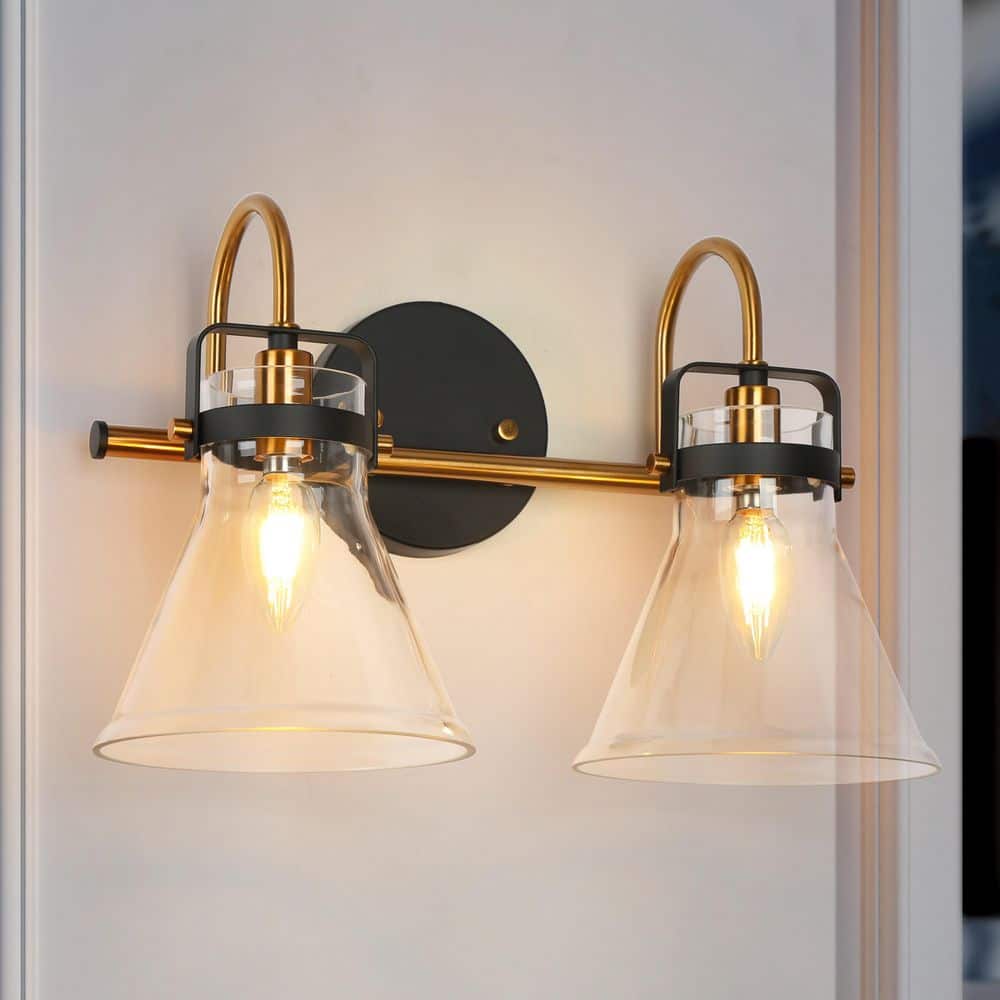 Uolfin Modern 15 in. 2-Light Plating Brass Bathroom Vanity Light with ...