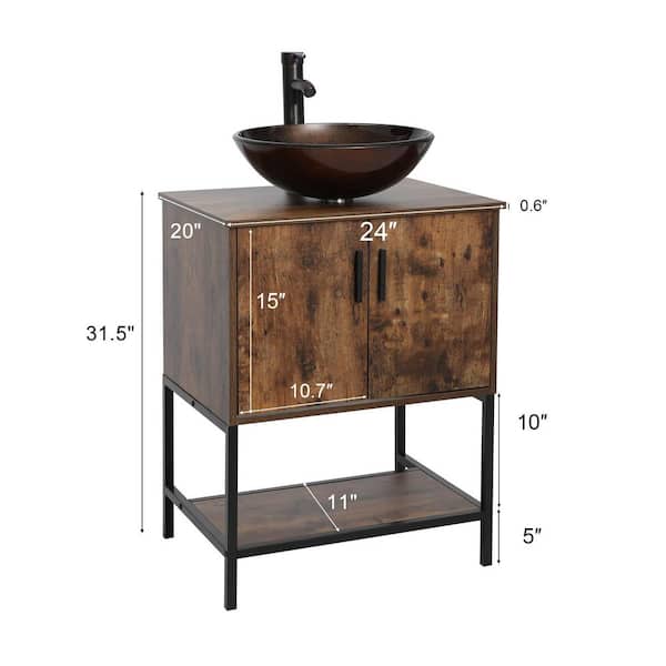 24 in. W x 20 in. D x 31.5 in. H Bath Vanity in Brown with Brown Vessel Sink Top ORB Faucet