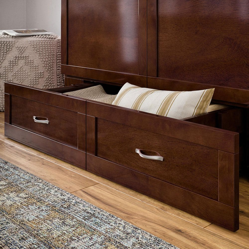 Walnut Full Murphy Bed Chest with Upholstered Wood Frame and Drawer