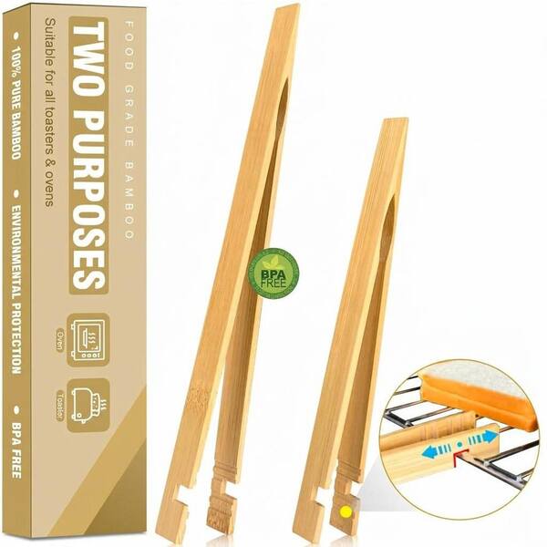 Natural Bamboo Finish Kitchen Tongs Toaster Accessory Set for Bread, Fruit, Cheese, Pickles, Muffins 2 Piece