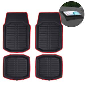 Red Black Faux Leather Liners Deep Tray Car Floor Mats with Anti-Skid Backing - Full Set