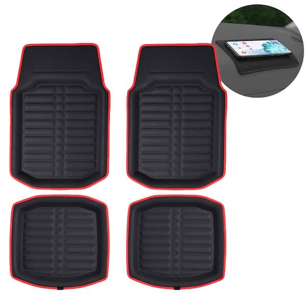 FH Group Red Black Faux Leather Liners Deep Tray Car Floor Mats with Anti-Skid Backing - Full Set