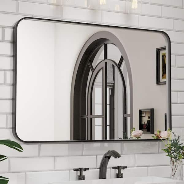 48 in. W x 32 in. H Rectangular Aluminum Framed Wall Bathroom Vanity Mirror in Black