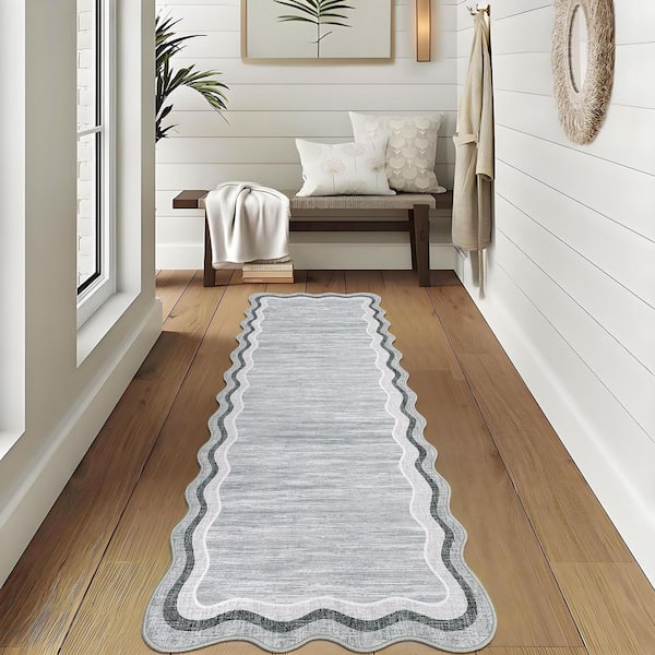 Washable Carpet Gray 2 ft. x 6 ft. Soft Non-Slip Thin Area Rug Irregular Solid Color Decorative Carpet