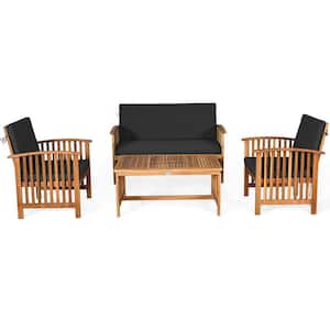 4-Piece Wood Patio Conversation Set with Black Cushion