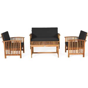 4-Piece Acacia Wood Patio Conversation Set with Black Cushions