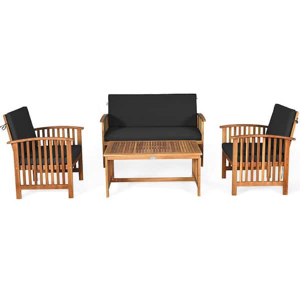 FORCLOVER 4-Piece Acacia Wood Patio Conversation Set with Black Cushions