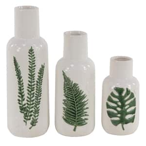 10 in., 12 in., 15 in. White Leaf Ceramic Decorative Vase (Set of 3)