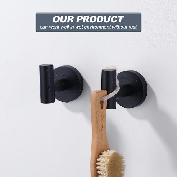 Stainless Steel Wall Mounted Round J-Hook Robe/Towel Hook with Rust Resistant in Matte Black(2 Pack)