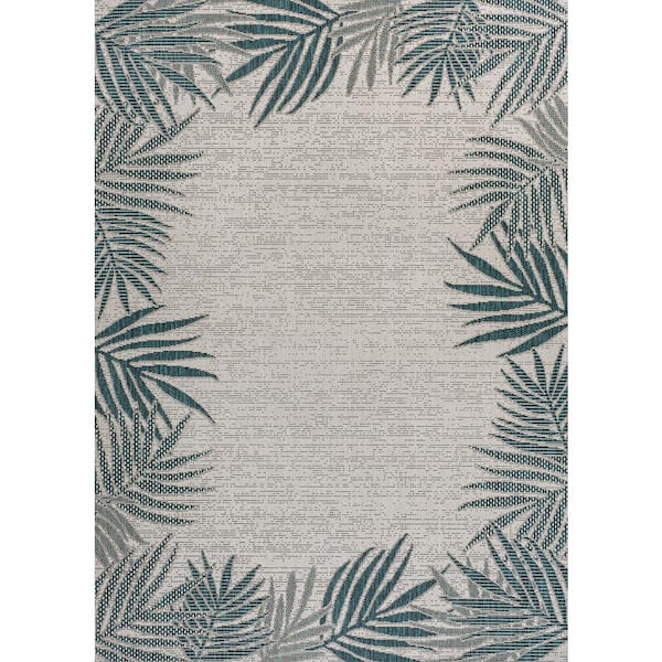 Isla Coastal Cottage Palm Frond Border Blue/Cream 4 ft. x 6 ft. Indoor/Outdoor Area Rug