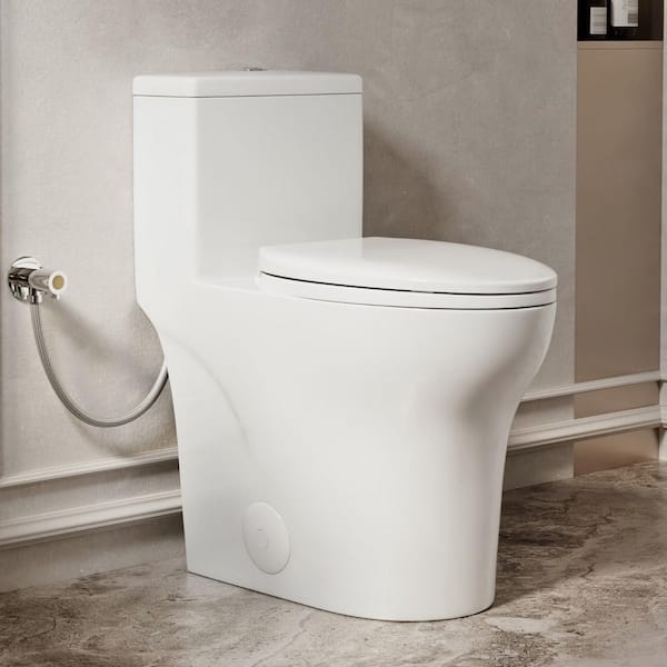 19" Elongated One-Piece Toilet in White, ADA Tall Seat Height, 1.0/1.28 GPF Swirl Flush, Soft-Close Seat, 12" Rough-In