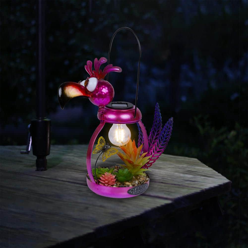 16" Solar Pink Flamingo Metal Garden Decor with LED Light