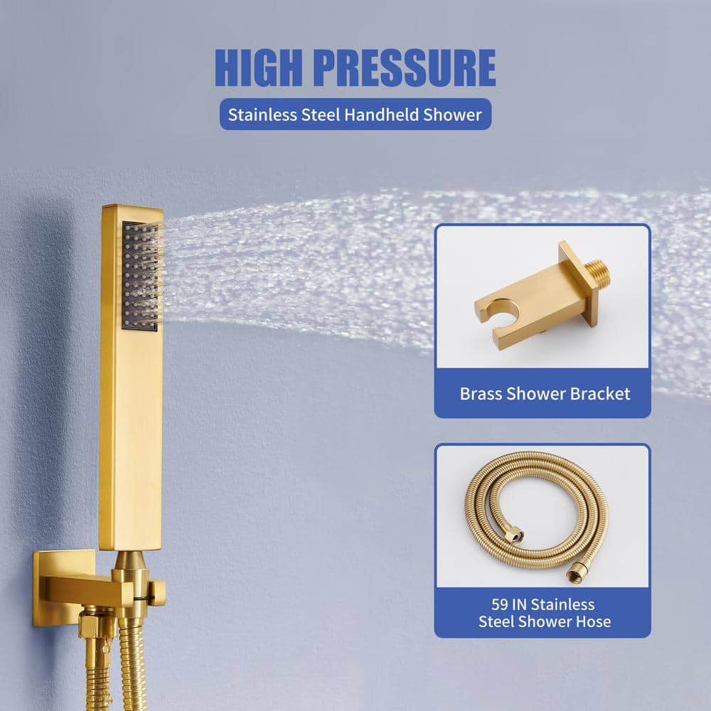 Brushed Gold Dual Square Wall Mounted Shower System with Body Jets