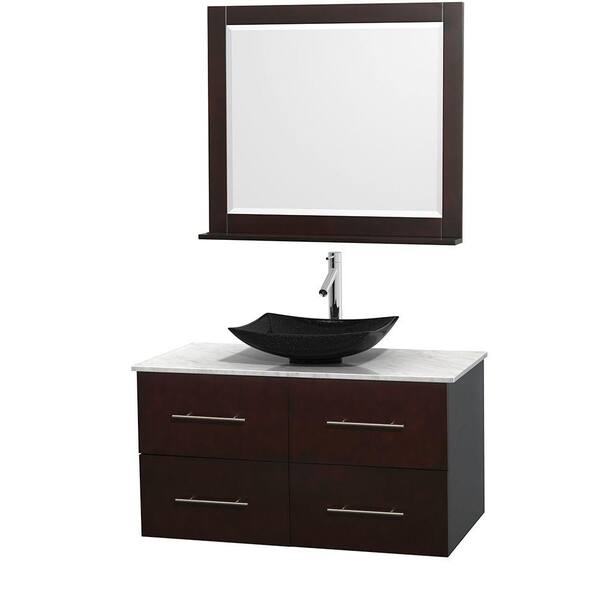 Wyndham Collection Centra 42 in. Vanity in Espresso with Marble Vanity Top in Carrara White, Black Granite Sink and 36 in. Mirror