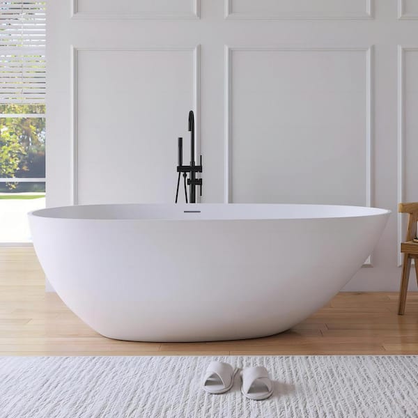 MEDUNJESS Luna 67 in. Stone Resin Solid Surface Matte Flatbottom Freestanding Bathtub in White