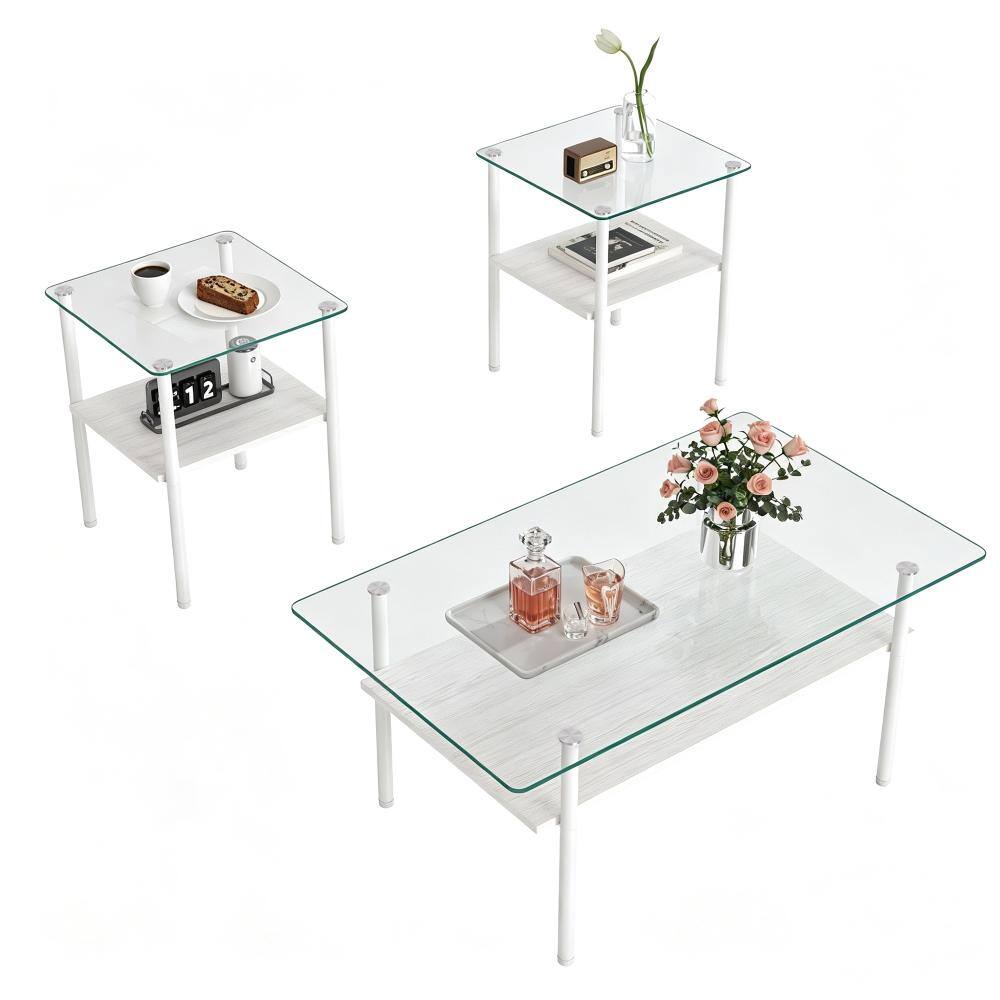 Modern 3-Piece Coffee Table Set Tempered Glass Top White Metal Legs with Wooden Shelf for Living Room