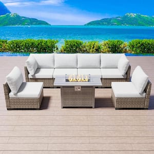 Outdoor Light Gray Furniture Set Sectional Couch with Fire Pit Table