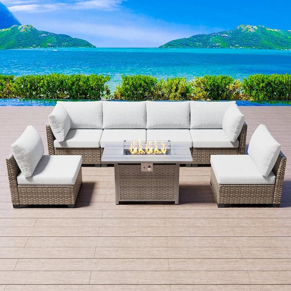 eVita Outdoor Light Gray Furniture Set Sectional Couch with Fire Pit Table