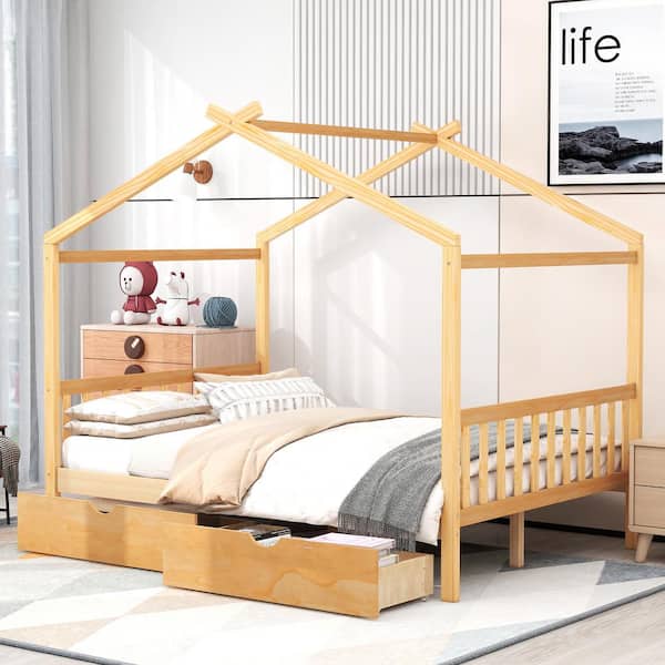 Polibi Brown Wood Frame Full Size House Platform Bed with 2-Drawers, Headboard and Footboard, Roof Design