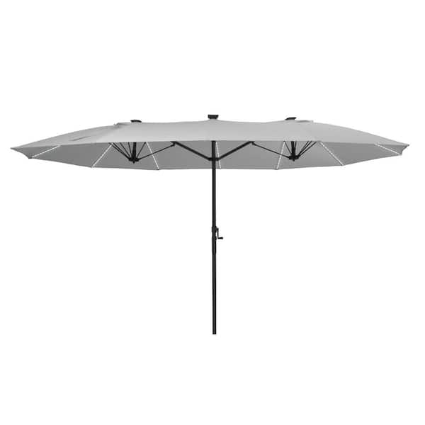 Clihome 15 ft. Outdoor Rectangular Innovative Crank Market Patio Umbrella in Gray with Fiberglass Ribs and LED Lights