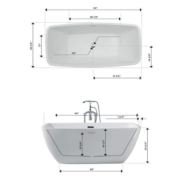 Ariel 63 In Acrylic Center Drain Rectangle Flat Bottom Freestanding Bathtub In White Ps112 6330 The Home Depot