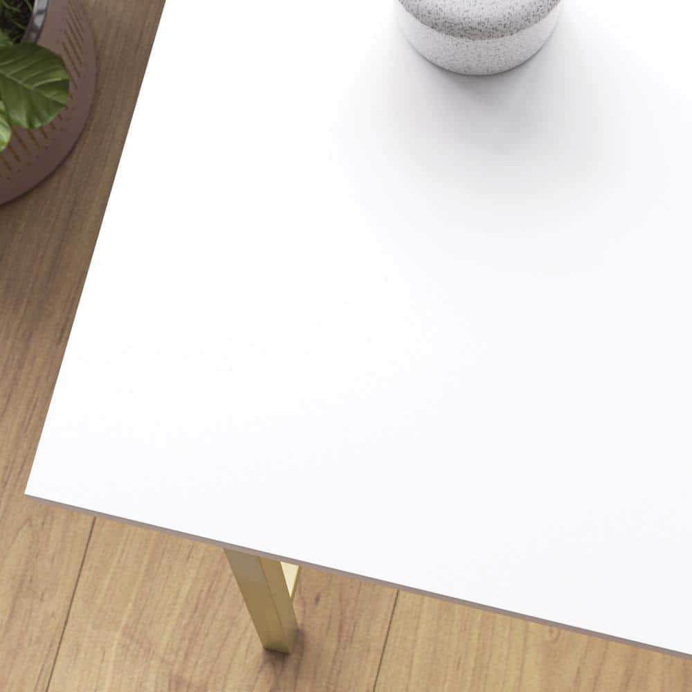 Modern White and Gold Desk with Open Shelves and Metal Frame