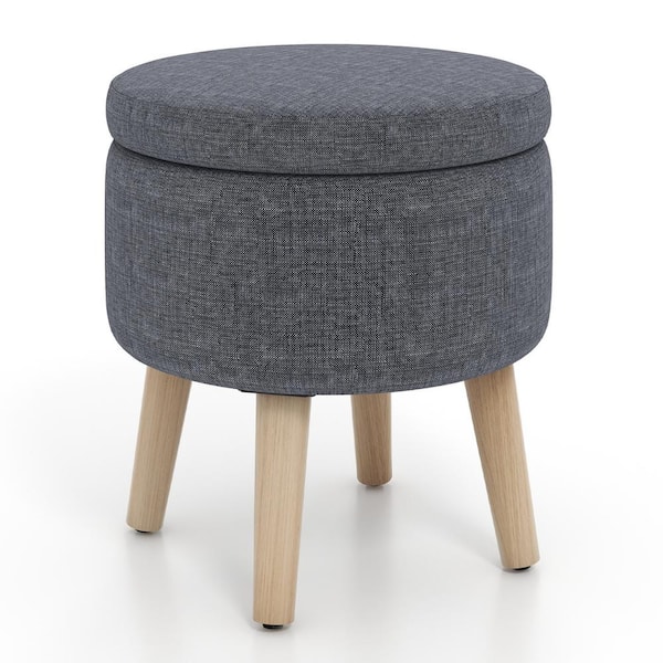 Costway Gray Farbic Round Storage Ottoman Accent Storage Footstool with Tray for Living Room Bedroom