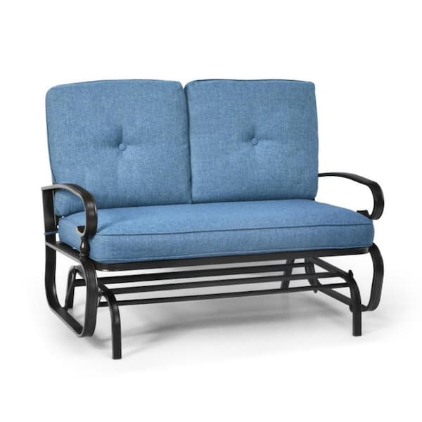 Clihome 2 Seats Metal Outdoor Rocking Chair Patio Swing Glider Chair with Blue Comfortable Cushions