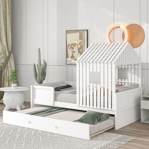 White Twin Size Low Floor Kids Bed with Trundle Bed, Wooden Frame Kids House Bed, Twin Platform Bed with Roof and Window