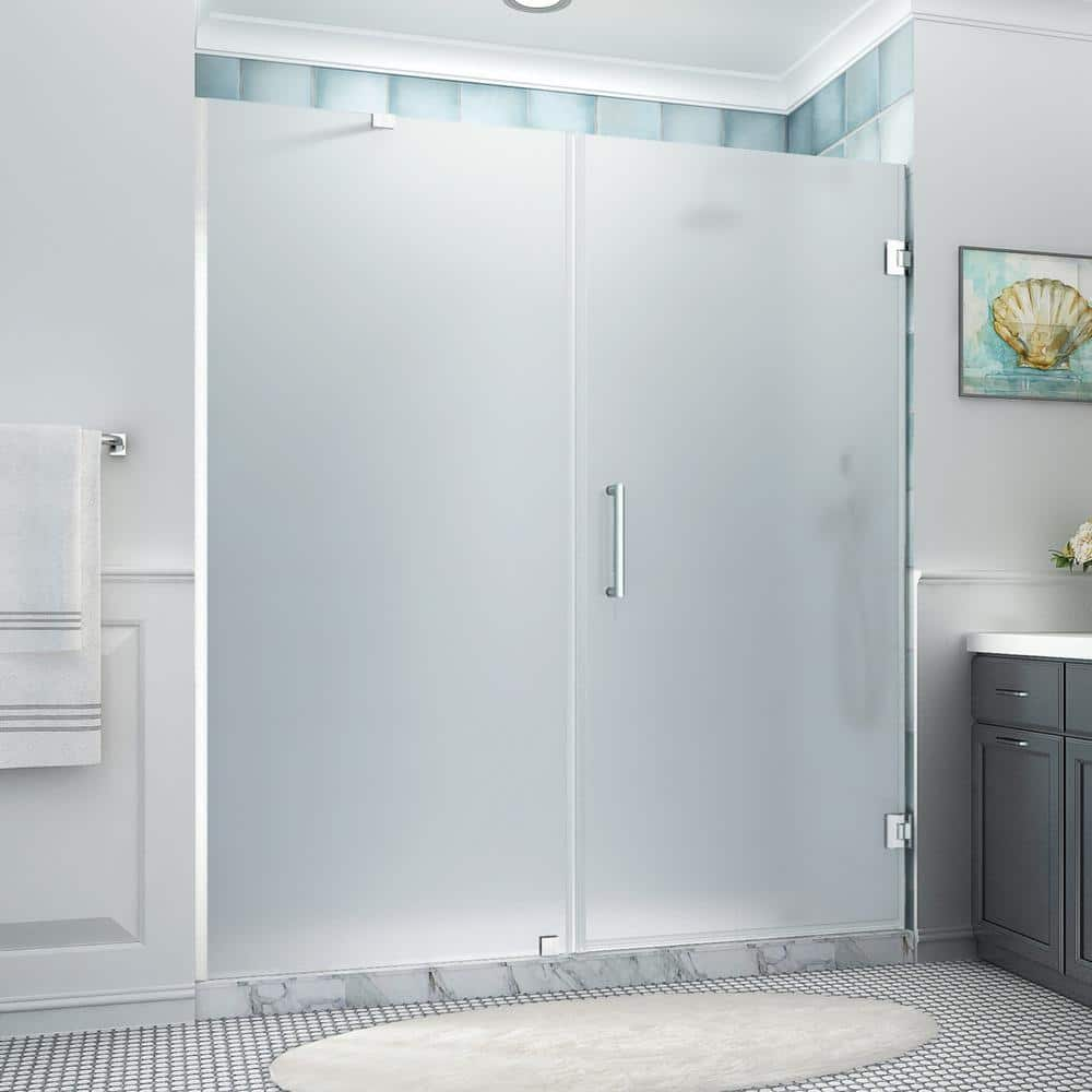 Aston Belmore XL 71.25 - 72.25 in. x 80 in. Frameless Hinged Shower Door with Ultra-Bright Frosted Glass in Stainless Steel