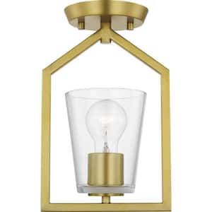 Vertex Collection 7.37 in. One-Light Brushed Gold Clear Glass Contemporary Semi-Flush Mount