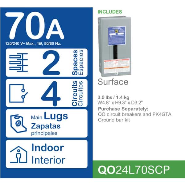 QO 70 Amp 2-Space 4-Circuit Indoor Main Lug Load Center with Surface Mount Cover