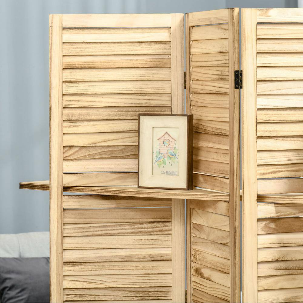 Natural Light Wood 4-Panel Folding Room Divider with Shelves