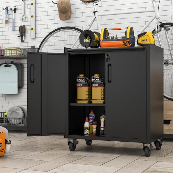 Black 35 in. H Metal Office Storage Cabinet Steel Mobile Tool Storage Cabinet with Wheels