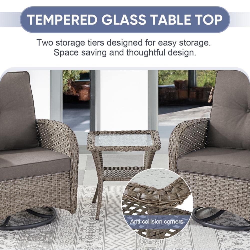 Gray Wicker 3-Piece Outdoor Rocking Chair Set with Cushions and Glass Table
