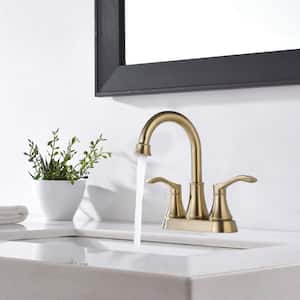 4 in. Centerset 2-Handle High Arc Bathroom Faucet with Drain Kit Included in Brushed Gold