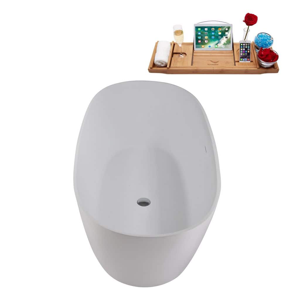 67" Matte White Stone Resin Freestanding Soaking Tub with Chrome Drain