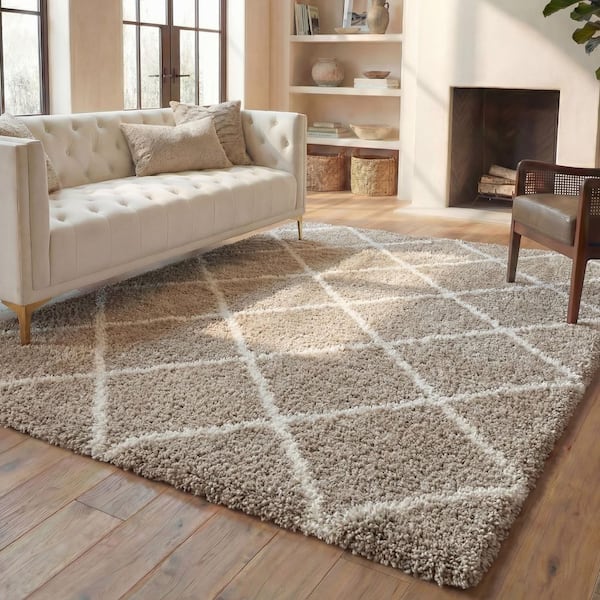 Hudson Shag 11 ft. x 15 ft. Beige/Ivory Geometric Diamonds Area Rug