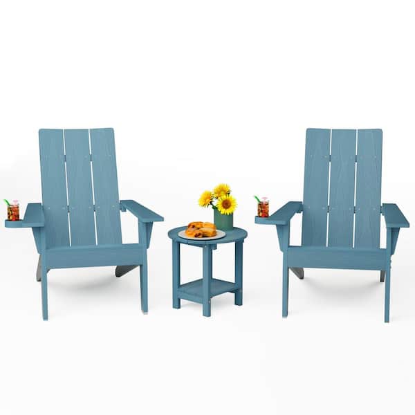Mximu 3-Piece Blue Plastic Outdoor Patio Adirondack Chair with Table Set