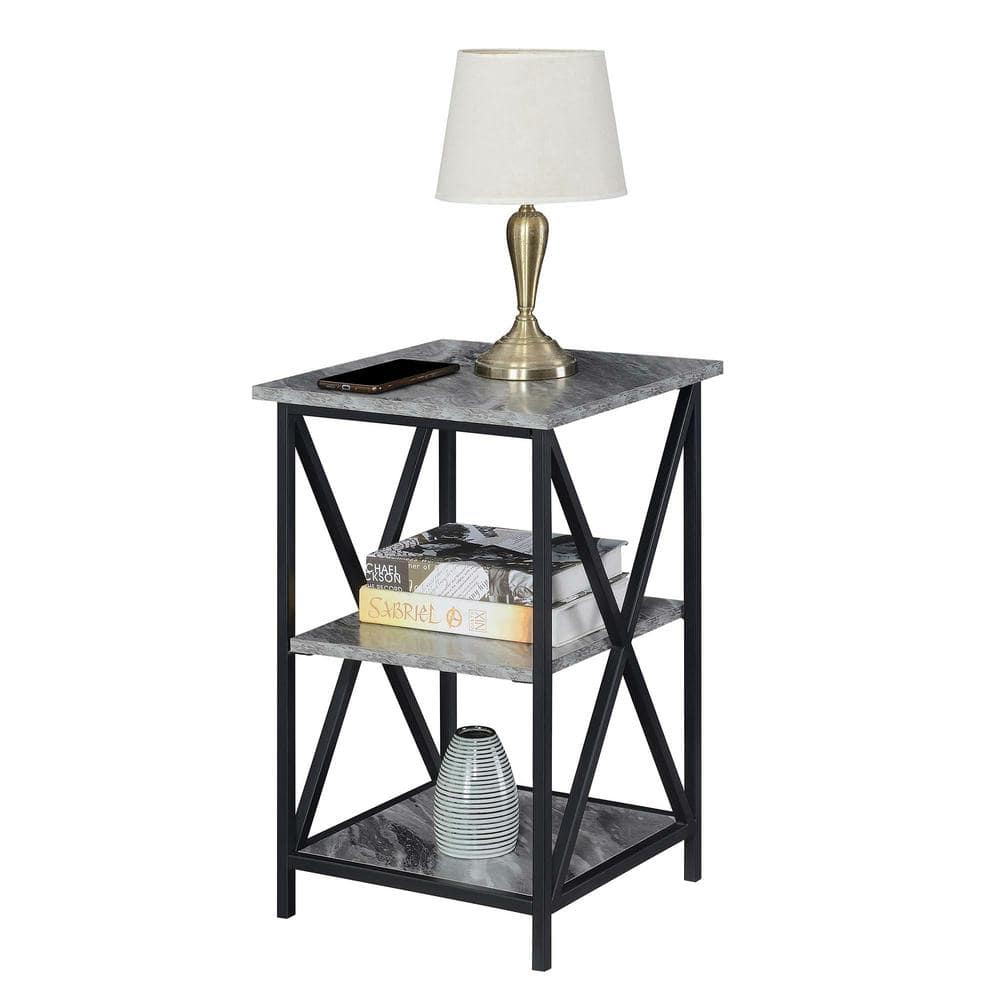 Gray Faux Marble Wood and Metal End Table with Shelves