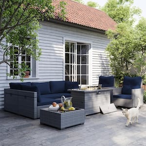 8-Piece Wicker Patio Conversation Set with 50,000 BTU Propane Fire Pit Table, Swivel Chairs and Navy Blue Cushions